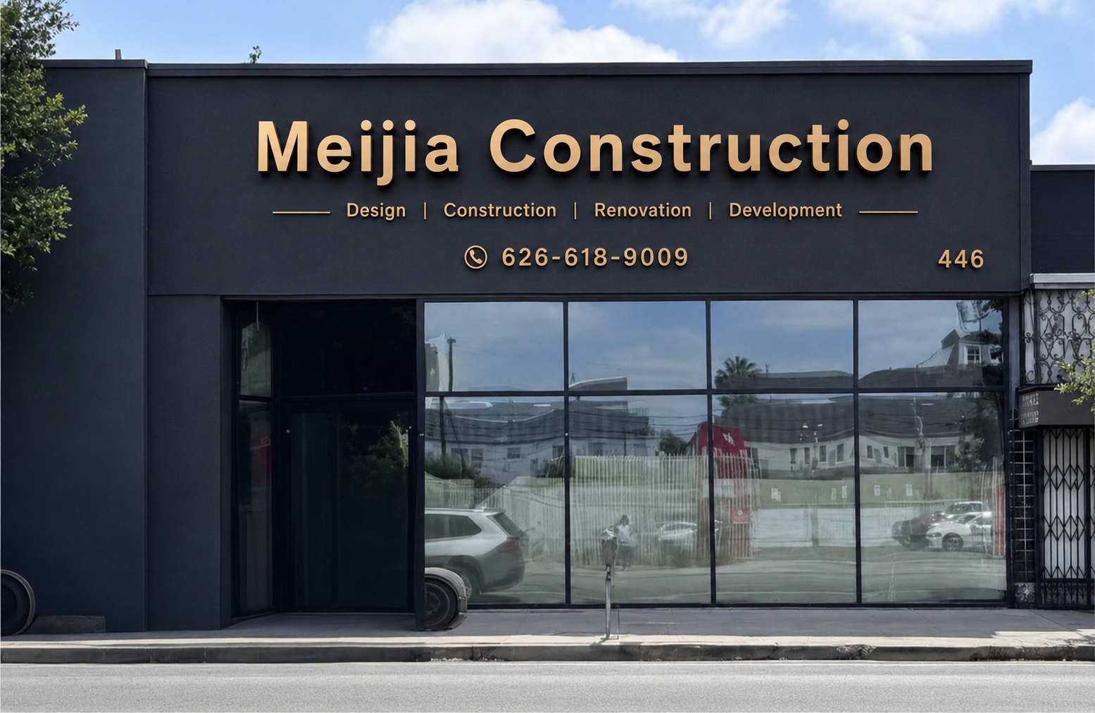 Meijia Construction showroom and offices at 446 South La Brea Avenue, Los Angeles